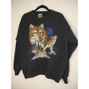 Vintage 1994 Tultex Wolf Moon Graphic Sweatshirt Black XL 90s Nature Crewneck